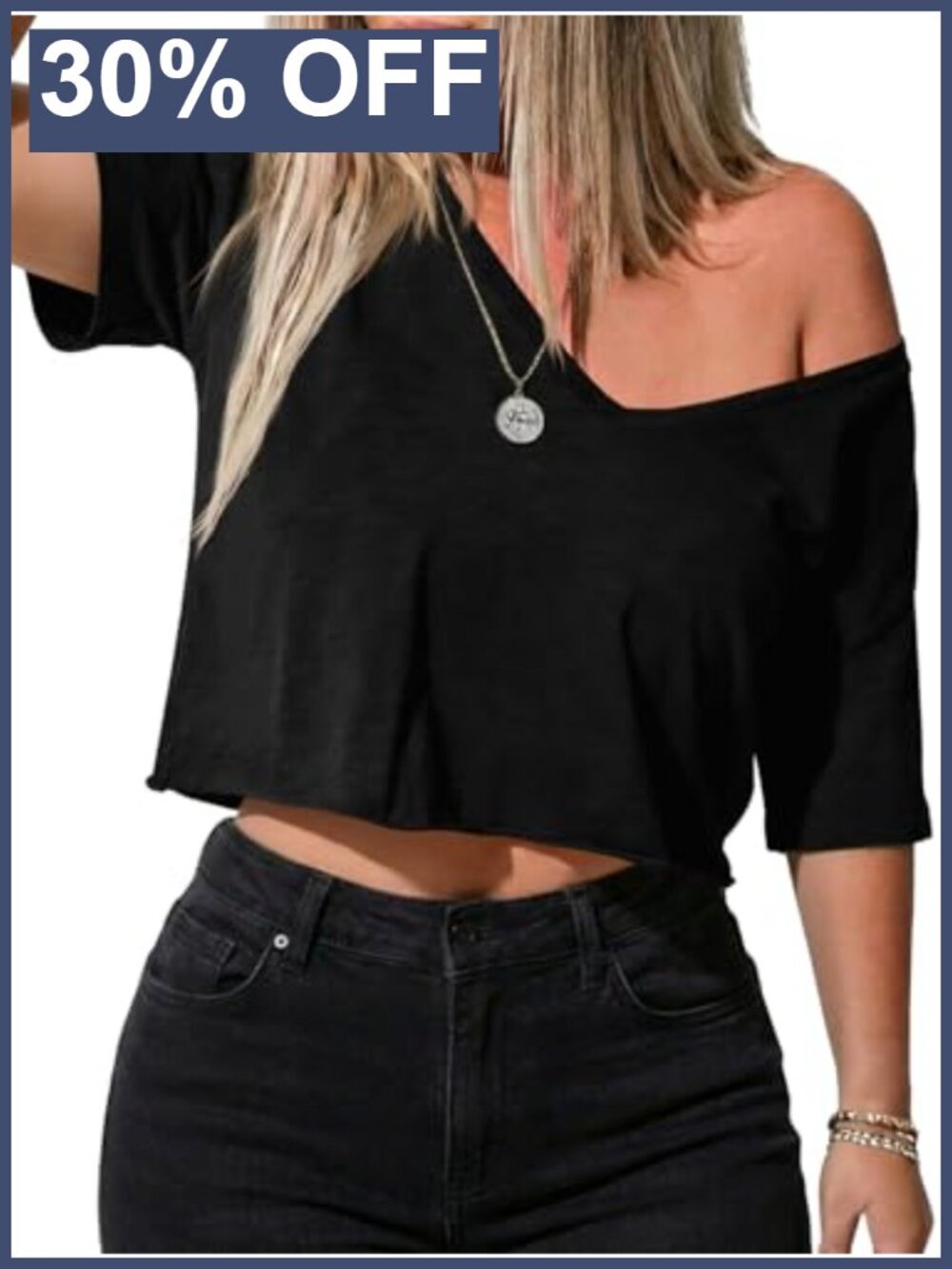 Off Shoulder Crop Top Deep V Neck Loose Tee Summer